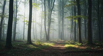 Naklejka premium Envision a mystical forest bathed in soft, ethereal light, creating an otherworldly, enchanting atmosphere for wondrous dreams ,magical ,fairytale ,etherealbeauty