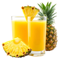 Two glasses of bright yellow liquid beside a whole pineapple and pineapple slices