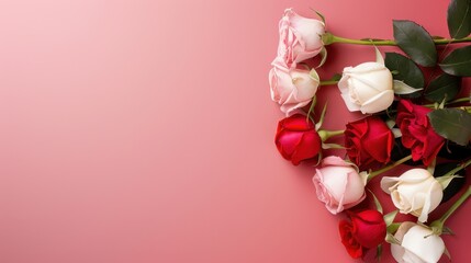 Fototapeta premium Beautiful Arrangement of Fresh Red and White Roses on a Soft Pink Background for Romantic Occasions