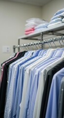 Freshly laundered shirts neatly hung on a rack in a modern dry cleaning facility, emphasizing professional garment care and convenience ,clean ,store ,washing