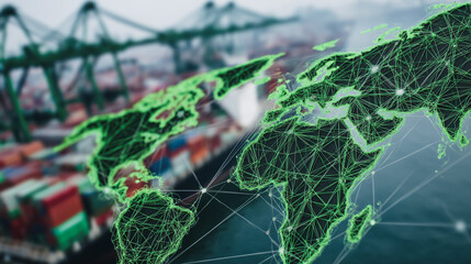 Smart Innovation connection cyber security Container truck in ship port for business Logistics transportation of Container Cargo ship Cargo plane with working crane bridge in shipyard at Twilight