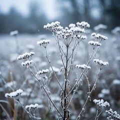 Hardy weeds stand resilient against the biting cold of winter, dusted with snow and ice, a symbol of nature's enduring spirit ,season ,hardy ,frozen ground