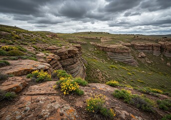 Fototapeta premium Illustrates a sweeping, ancient landscape with layered rock formations and prehistoric flora, hinting at deep time and life's gradual changes ,life ,biodiversity ,geological
