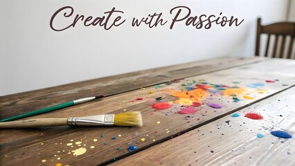 Paint brushes and colorful paint splatters on a wooden surface