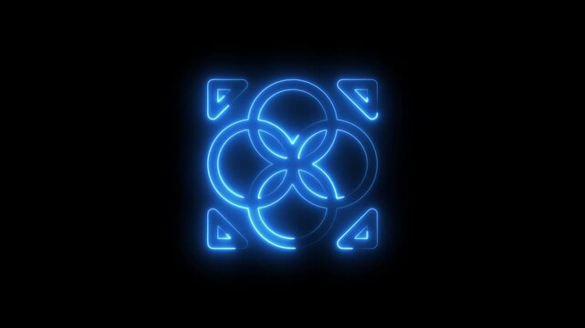 Blue Neon Interlocking Circles and Corner Triangles on Black geometric