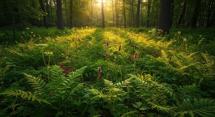 Intricate patterns of ferns and wildflowers adorn a sun-dappled forest clearing, offering a tranquil and naturally decorative visual appeal ,clearing ,foliage ,enchantment