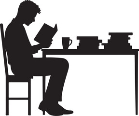 Silhouette of person reading book at desk with coffee and books
