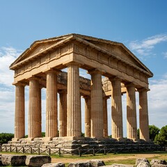 Fototapeta premium Majestic classical temple with Doric columns under a clear sky, echoing ancient architectural grandeur, a symbol of timeless heritage ,Greek history ,ancient ruins ,cultural heritage