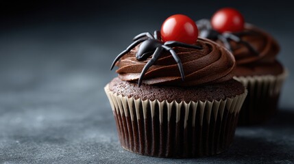 Delicious chocolate cupcakes decorated with realistic black spider and cherry topping on a dark textured background for Halloween or spooky dessert theme