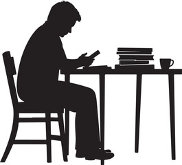 Silhouette of person sitting at desk with phone and books