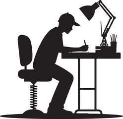 Silhouette of person wearing baseball cap drawing at desk with lamp