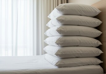 Plush, inviting cushions stacked for a peaceful slumber. The serene setting evokes ultimate comfort and a relaxing, dream-filled night ,decorative pillows ,sleeping ,fabric