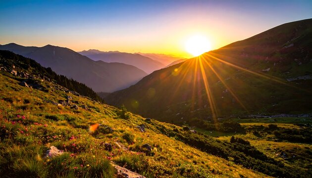 Golden sunrise over mountain range with lush meadows - Powered by Adobe