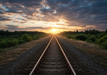 Fototapeta premium Symmetrical railway tracks gracefully vanishing into the horizon amidst a scenic landscape, evoking a sense of tranquil journey and adventure ,serene ,railway ,journey