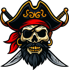 Pirate Captain Hat Emblem with Red Bandana, Crossed Swords, Gold Ornaments, and Bold Mascot Beard Vector Illustration