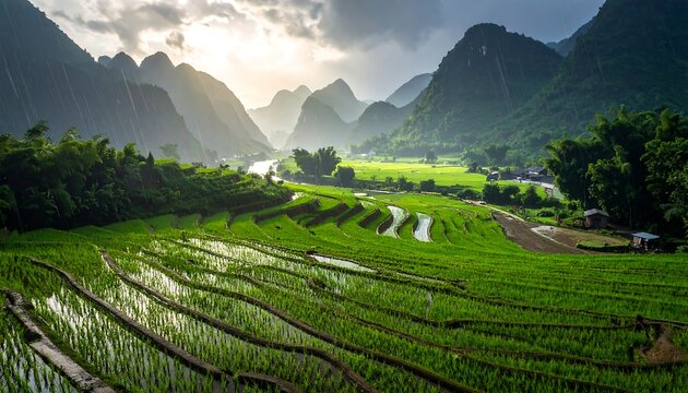 Scenic view of verdant terraced fields with mountain backdrops under a dramatic sky