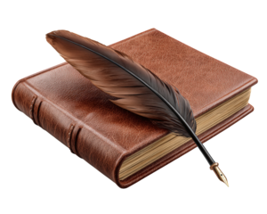 Vintage brown leather bound journal with classic black quill pen resting on top, evoking nostalgic feeling of history, literature, and old fashioned writing