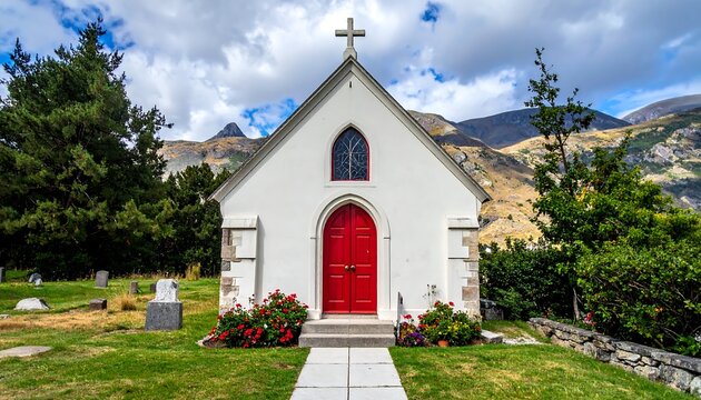 Small, white church with a red door nestled amongst mountains