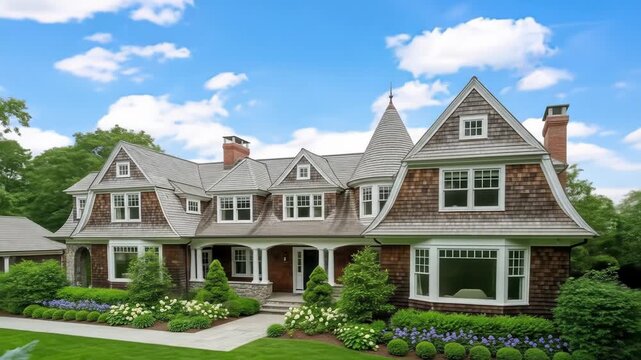 A large, elegant house with shingle siding, multiple gables, a turret, and a blue sky with clouds in the background. Landscaping is visible in front