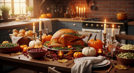 A Thanksgiving dinner table with a roasted turkey in the center, surrounded by fall decorations