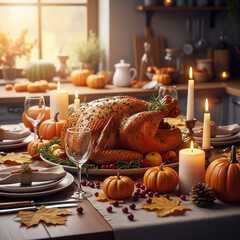 A Thanksgiving dinner table with a roasted turkey in the center, surrounded by fall decorations