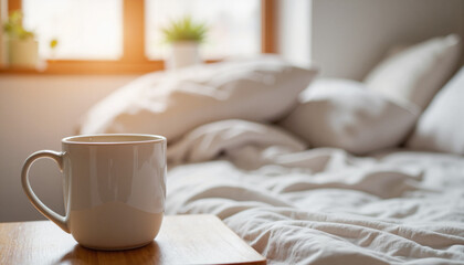 Cozy cup of coffee on bedside table in bright bedroom with plants  