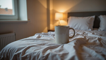 Coffee mug resting on unmade bed with soft lighting in bedroom  