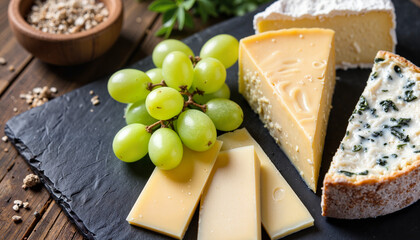 Assorted cheeses and green grapes arranged on slate board  