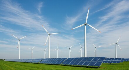 Wind turbines and solar panels rise majestically against a vibrant green landscape, symbolizing a clean, renewable energy future for the planet ,sustainable ,solar panels ,energy source