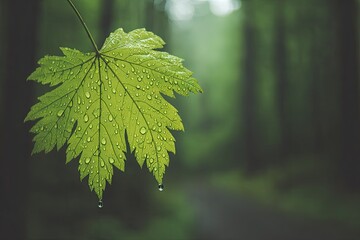 Dewy maple leaf hangs in a misty, serene green forest scene