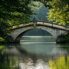 Fototapeta premium Stone bridge over tranquil water in lush green forest Keywords: bridge, stone, arch, water, lake
