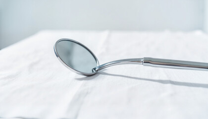 Dental mirror reflection on white napkin in clinic setting, dental care