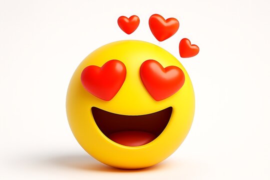 Yellow emoji face with heart eyes and hearts floating above isolated on white background expressing love