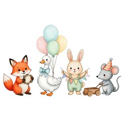 Adorable cartoon animals celebrating a birthday, isolated on white background, with balloons and party decorations