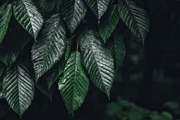 Wet, lush leaves with prominent veins, dark background