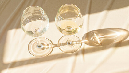 Two wine glasses filled with white wine on a light background  