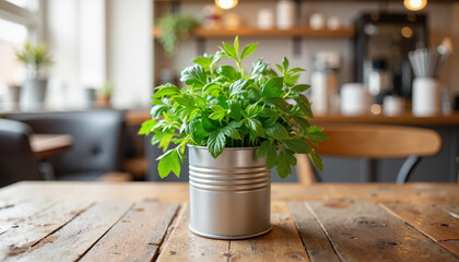 Potted greenery on wooden table in cozy cafe setting  