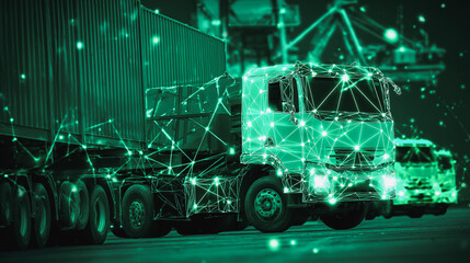 Fototapeta na wymiar Smart Innovation connection cyber security Container truck in ship port for business Logistics transportation of Container Cargo ship Cargo plane with working crane bridge in shipyard at Twilight