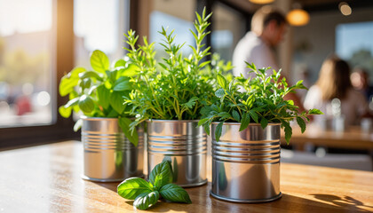 Fresh herbs in metal containers on wooden table in café  
