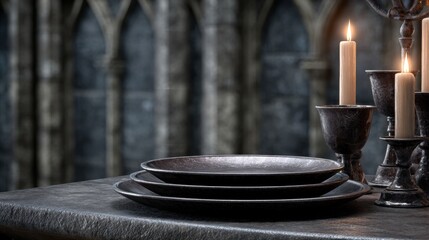 Elegant dark table setting with stacked plates and lit candles creating a moody mysterious atmosphere suitable for gothic, romantic, or medieval themed events
