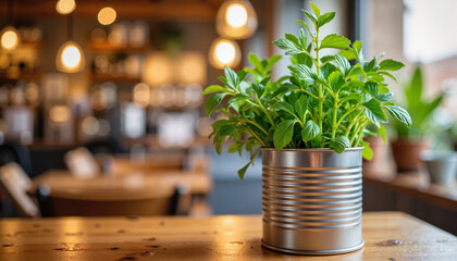 Potted plant in metallic container on wooden table in cozy cafe  