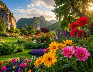Serene garden vista with diverse flowers and towering mountain backdrop