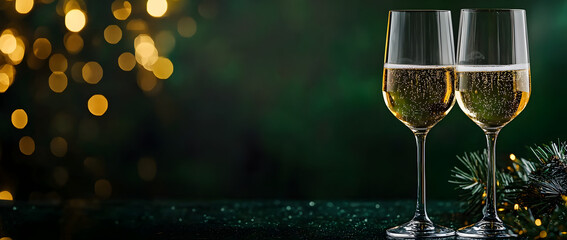 Two glasses of champagne on a dark green background with golden bokeh lights, leaving space for text