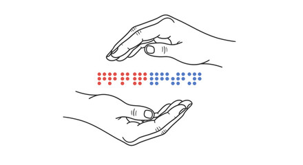 Hands symbolizing protection around the word 'Braille' written in red and blue colored dots. Vector illustration.

