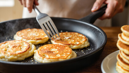 Man flipping pancakes in skillet at cozy home kitchen, culinary delight