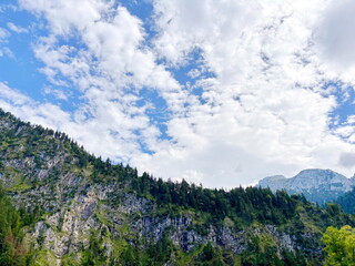 Looking up at the insurmountable alpine rocks covered with sparse mountain forest under a sunny blue, partly cloudy sky that protect the peace of Neuschwanstein Castle.