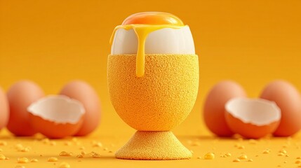 A single egg in a yellow holder, yolk dripping, with other eggs and shells