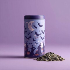 Halloween themed tin container with spooky bats moon and witch silhouette design surrounded by dried herbs or tea leaves on pastel purple background
