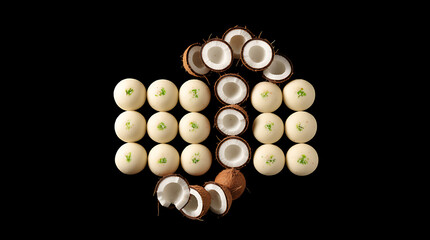 Tropical Delight: A carefully arranged composition showcases a symphony of fresh coconuts and exquisite cream-filled desserts.