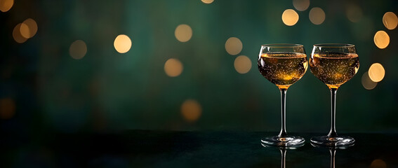 Two glasses of champagne on a dark green background with golden bokeh lights, leaving space for text